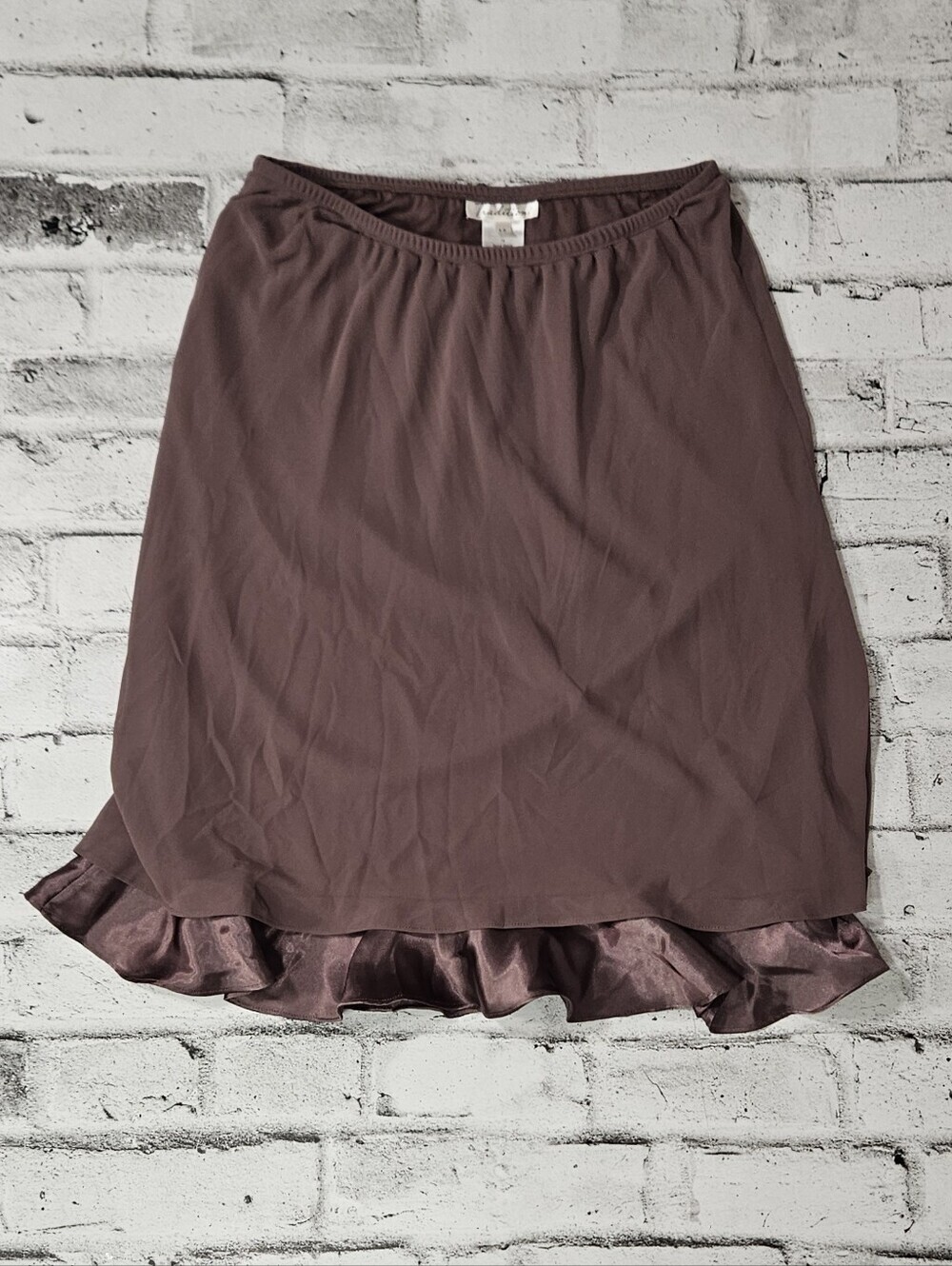 Tradition Brown Midi Skirt Size 14 Satin Ruffle Hem Elastic Waist Y2K